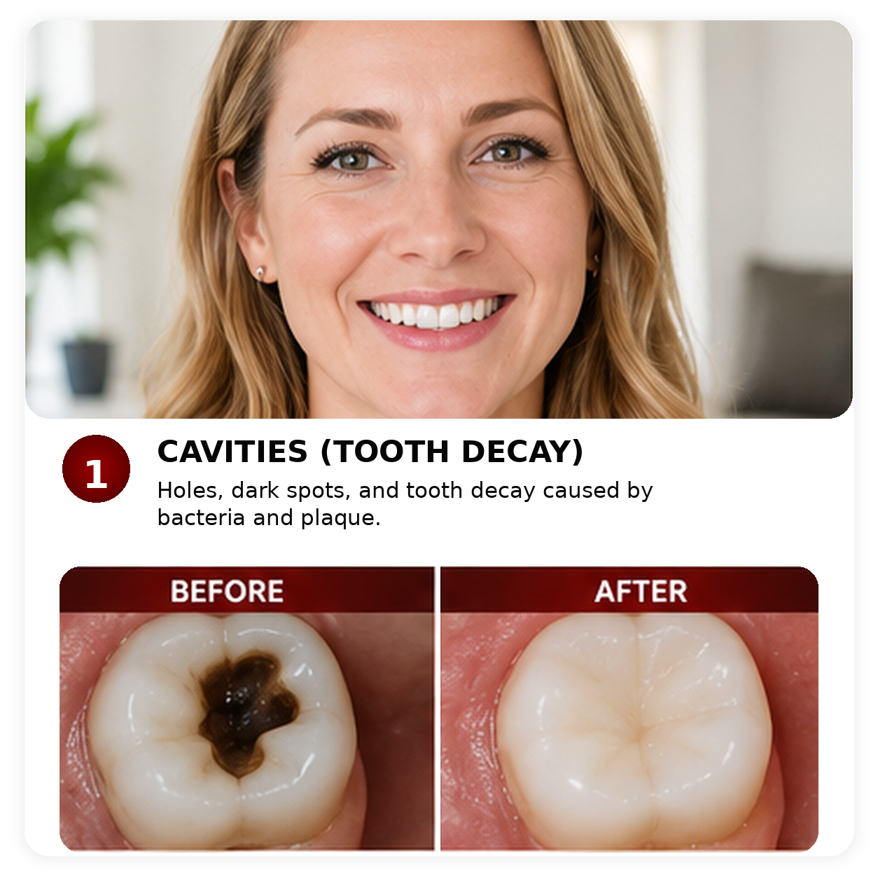 Illustrative before and after comparison related to tooth decay and cavity concerns