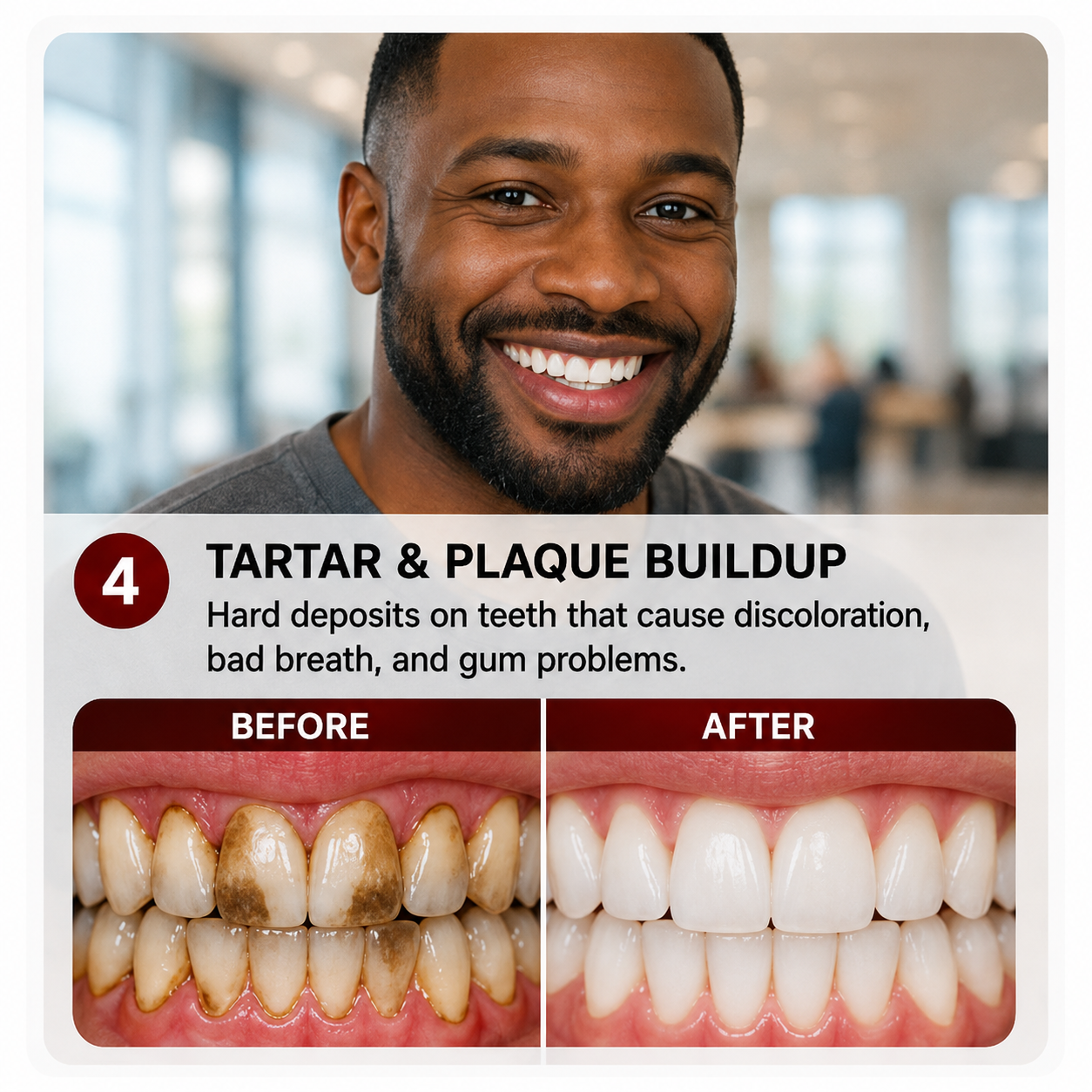 Illustrative before and after comparison related to plaque and tartar buildup