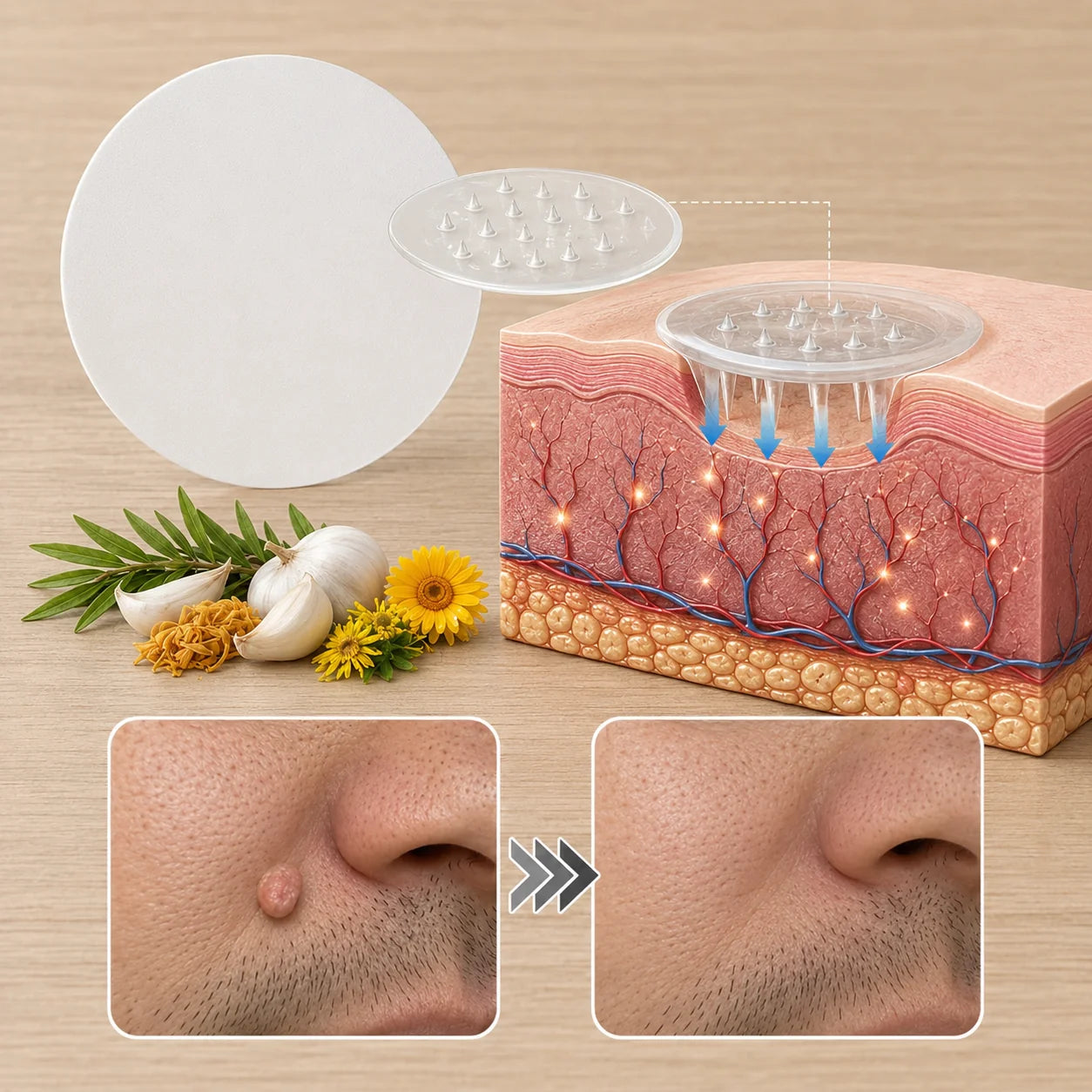 Microneedle patch skin delivery and before after illustration