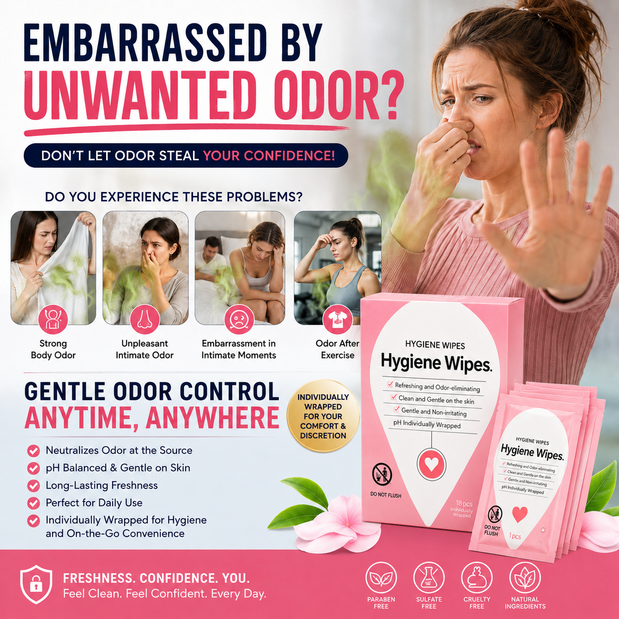 pH-Balanced Feminine Hygiene Wipes – Individually Wrapped for Gentle Cleansing, Odor Removal & Lasting Freshness