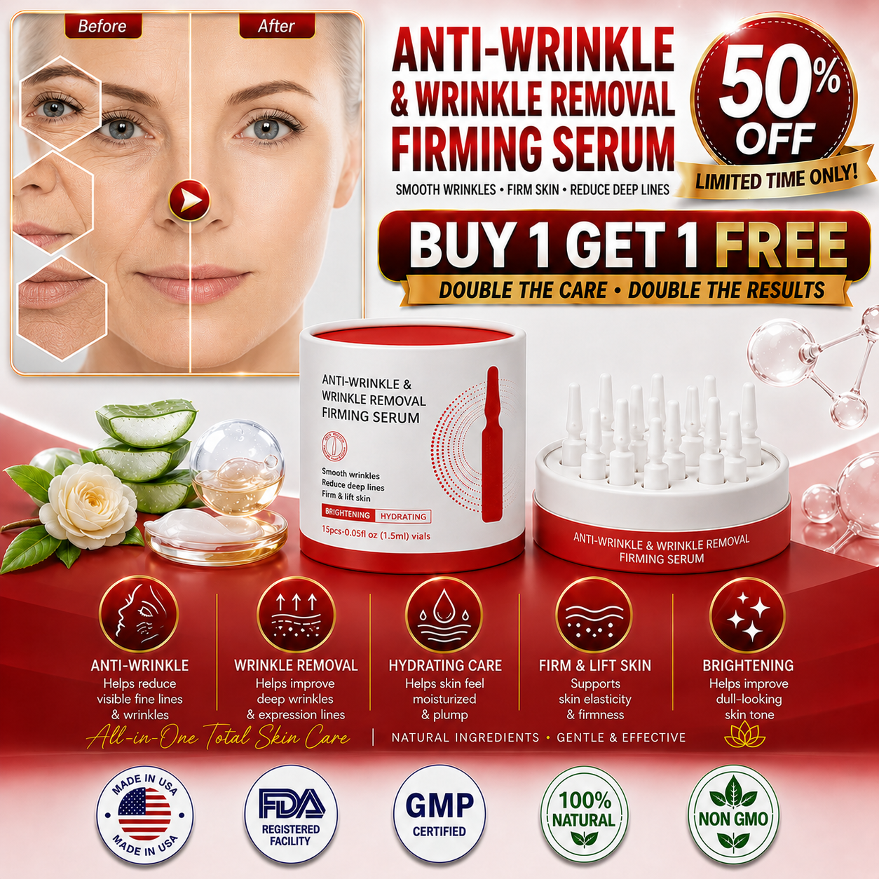 Anti-Wrinkle and Wrinkle-Reducing Firming Serum with before-and-after comparison, visible wrinkle-reducing, hydrating, brightening and firming benefits, plus a limited-time buy one get one free offer