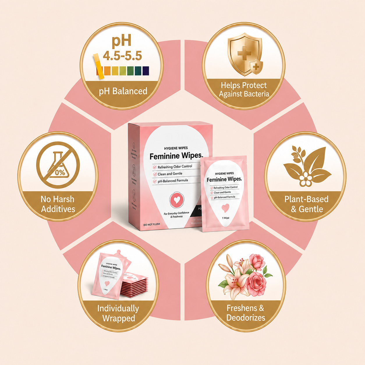 pH-Balanced Feminine Hygiene Wipes – Individually Wrapped for Gentle Cleansing, Odor Removal & Lasting Freshness