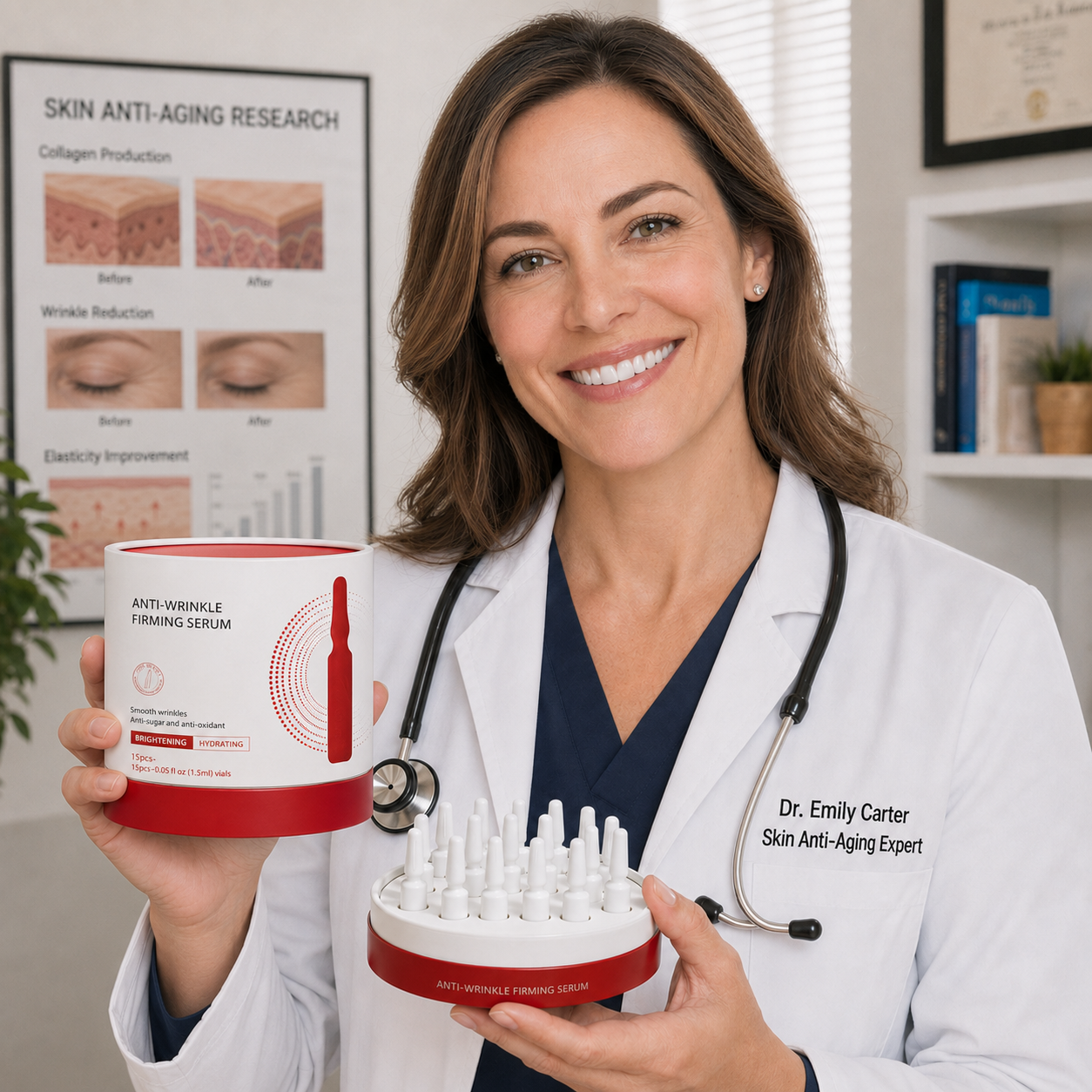 Dr. Emily Carter, Skin Anti-Aging Expert, presenting Anti-Wrinkle Firming Serum