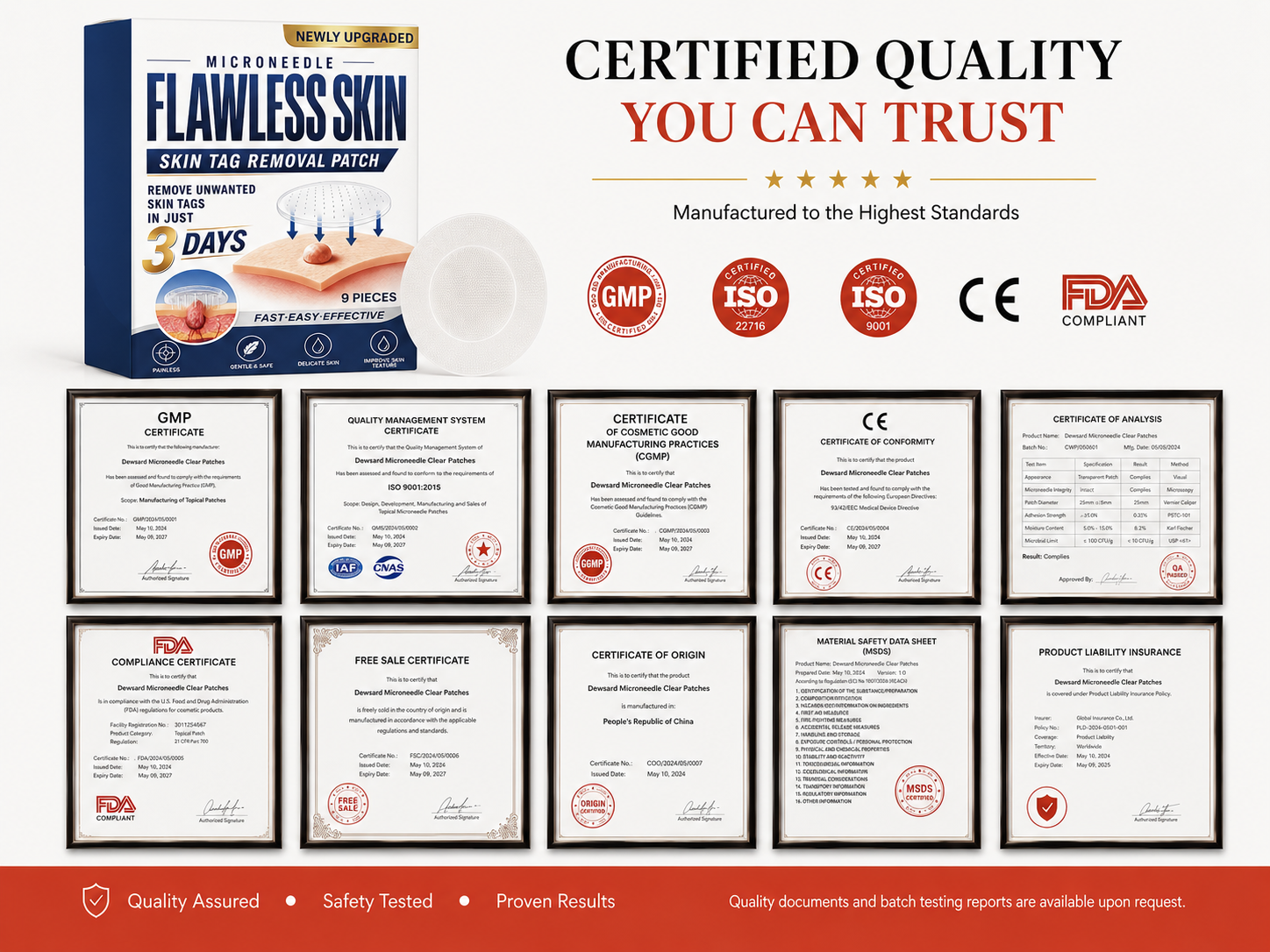 Microneedle skin patch quality information and certification display