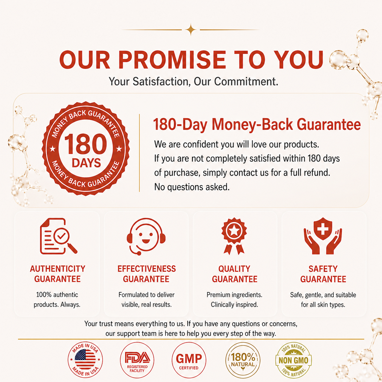 180-day money-back guarantee, authenticity, effectiveness, quality and safety promise