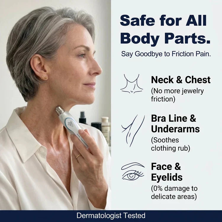 Guide showing use on neck, chest, bra line, underarms, face and eyelids