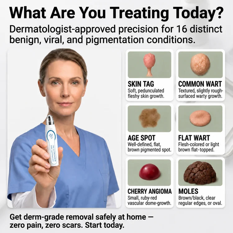 Guide showing skin tags, common warts, age spots, flat warts, cherry angiomas and moles