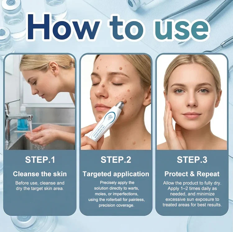 Three-step guide explaining how to use the 7-Day Skin Tag and Blemish Repair Pen
