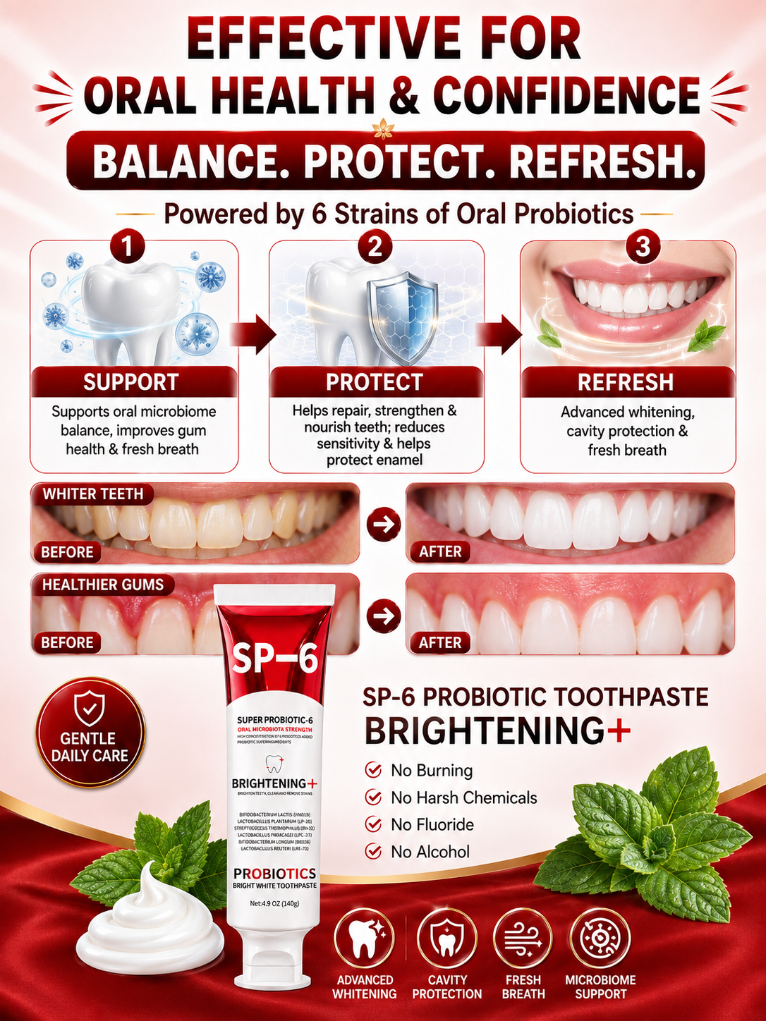 SP-6 probiotic toothpaste balance protect and refresh oral-care system
