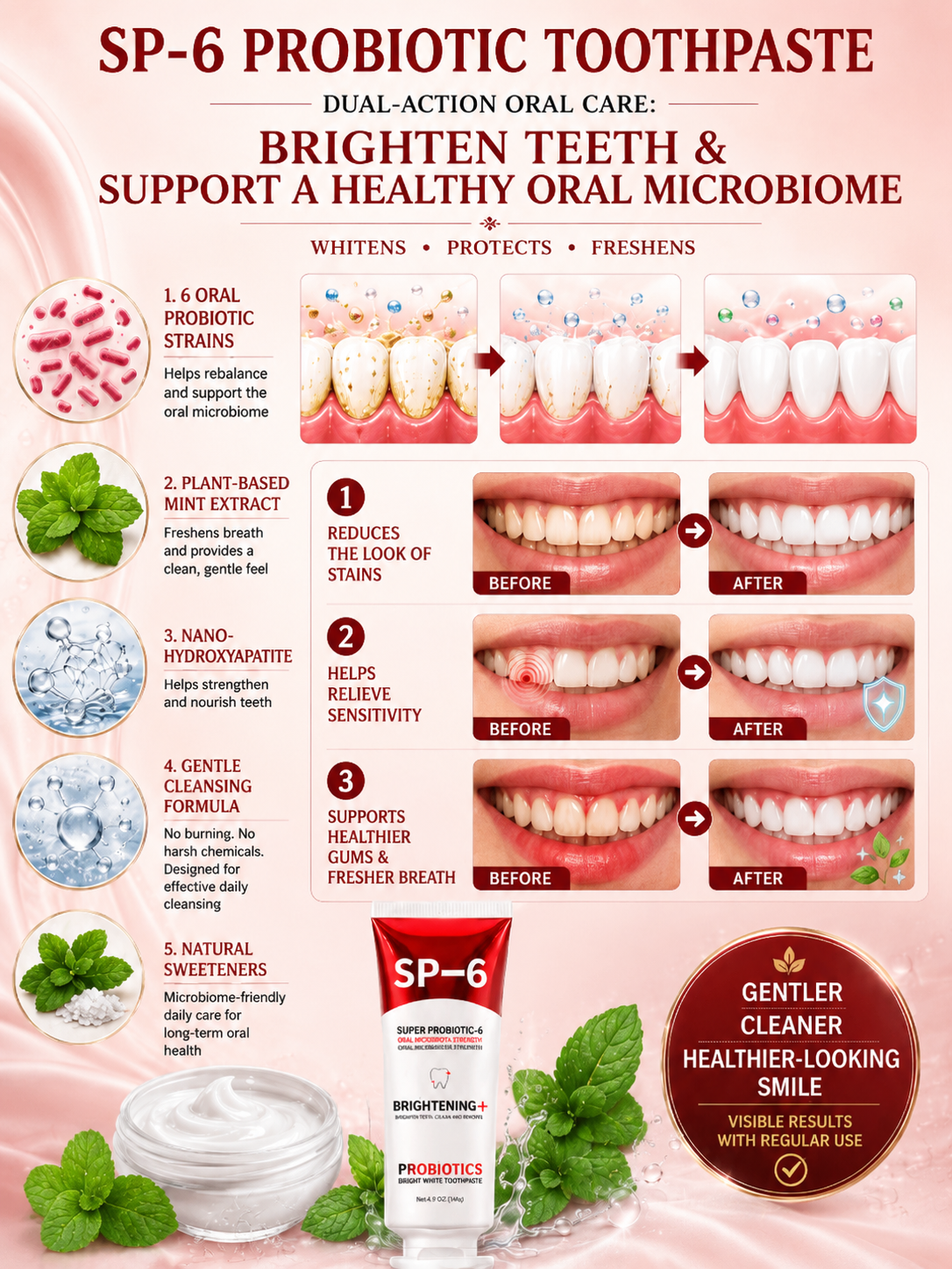 SP-6 probiotic toothpaste dual-action whitening and oral microbiome support