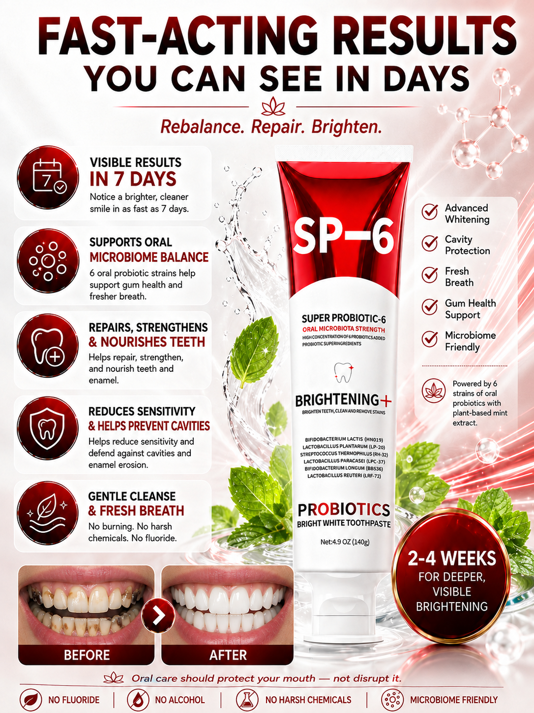 SP-6 probiotic toothpaste fast visible whitening and oral-care results