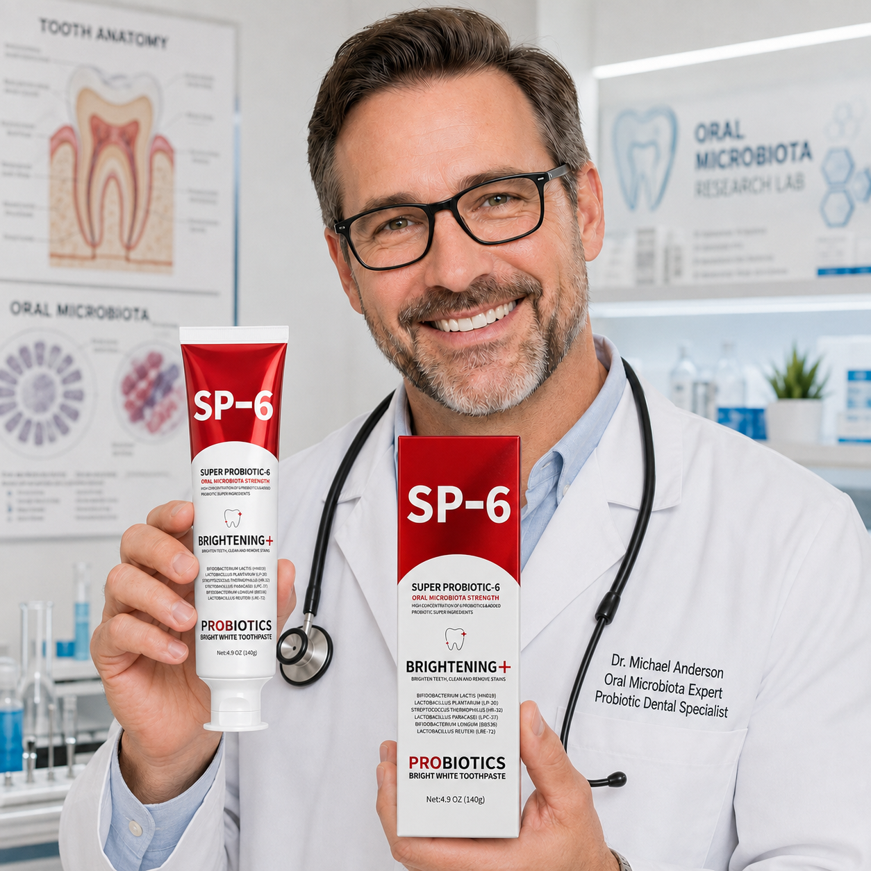 Dr. Michael Anderson presenting SP-6 Probiotic Whitening Toothpaste